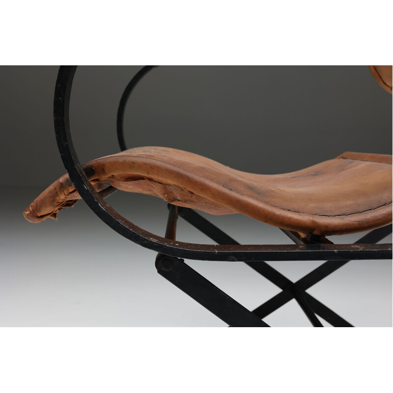 Postmodern vintage leather & metal armchair, 1990s