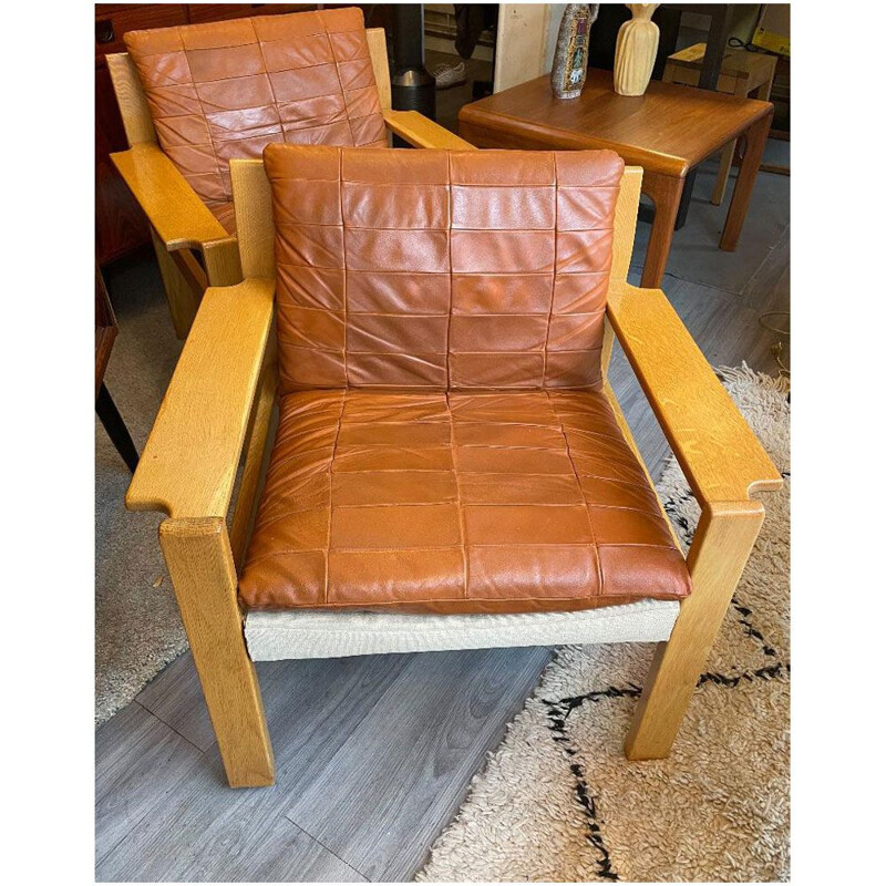 Fauteuil scandinave vintage en cuir et chêne de Karin Mobring, Suède 1960-1970