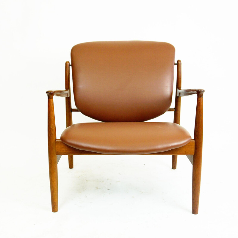 Sillón danés vintage de teca y cuero marrón de Finn Juhl para France et Son