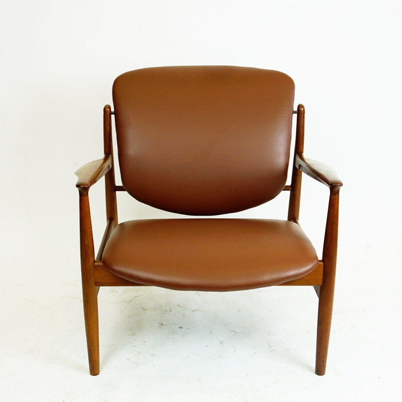 Danish vintage teak and brown leather armchair by Finn Juhl for France and Son