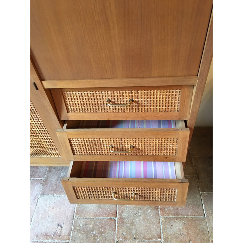 French cabinet in oak and rattan - 1960s