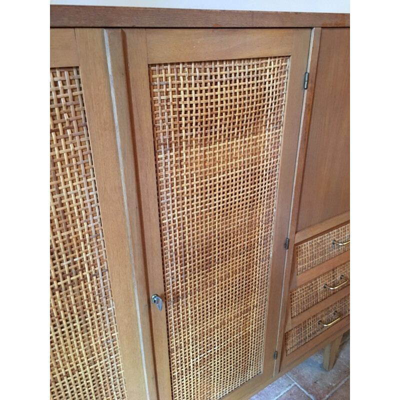 French cabinet in oak and rattan - 1960s