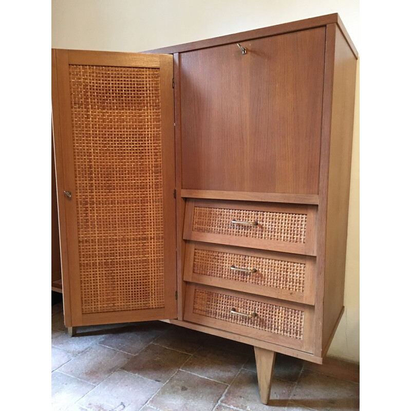 French cabinet in oak and rattan - 1960s