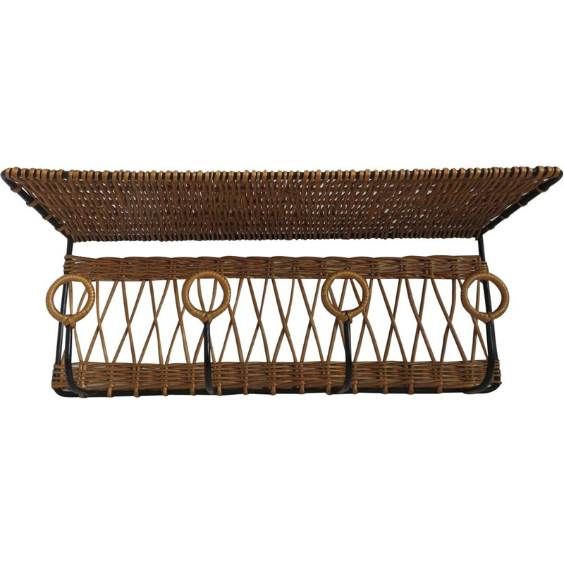 Vintage coat rack in iron and rattan by Jacques Adnet, France 1950