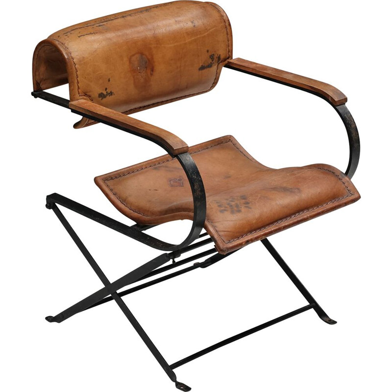 Postmodern vintage leather & metal armchair, 1990s
