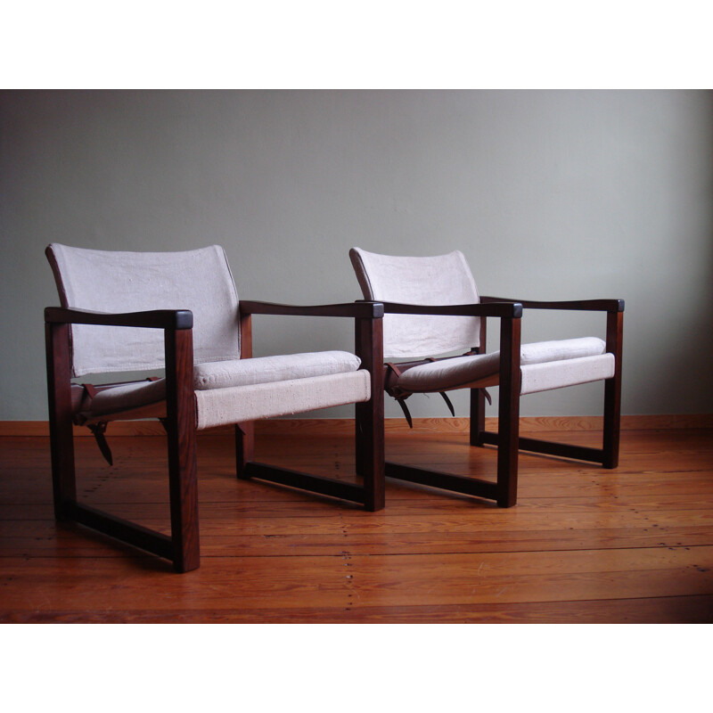 Paar vintage grenen en linnen "Diana" fauteuils van Karin Mobring, 1970