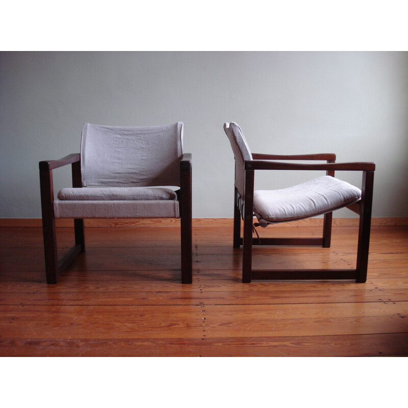 Paar vintage grenen en linnen "Diana" fauteuils van Karin Mobring, 1970