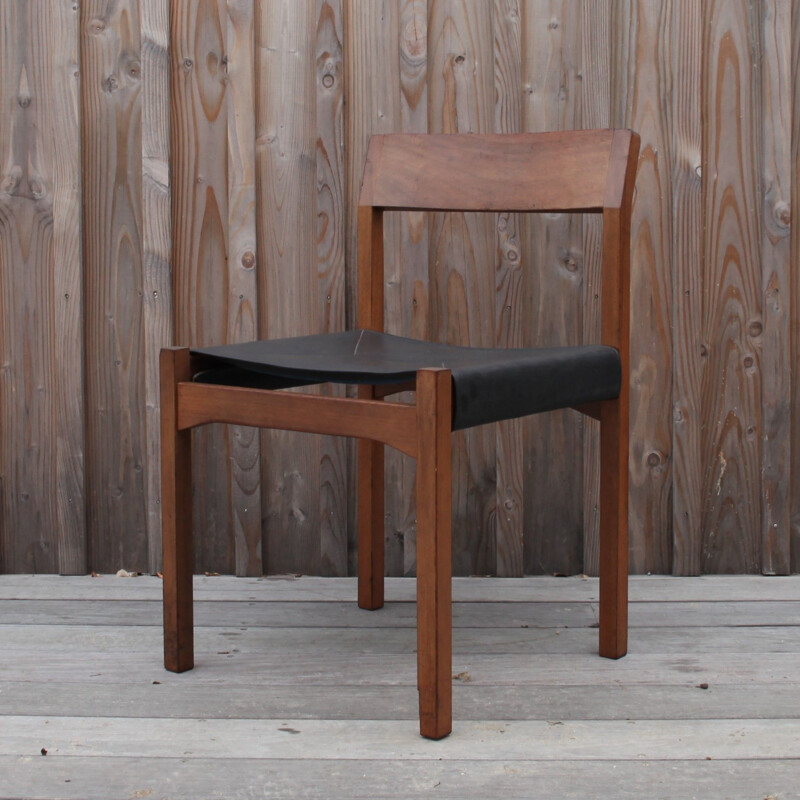Vintage wood and leather chair by André Monpoix for Meuble TV, 1962