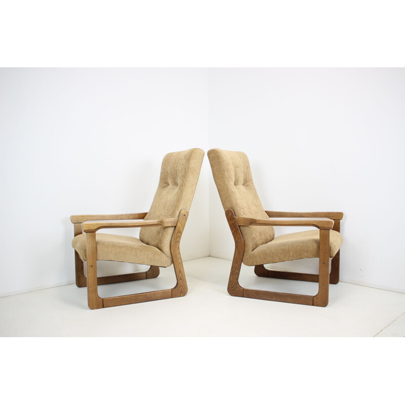 Paar vintage fauteuils in hout en bekleding, Tsjechoslowakije 1990