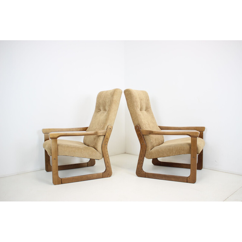 Pair of vintage armchairs in wood and tapestry, Czechoslovakia 1990