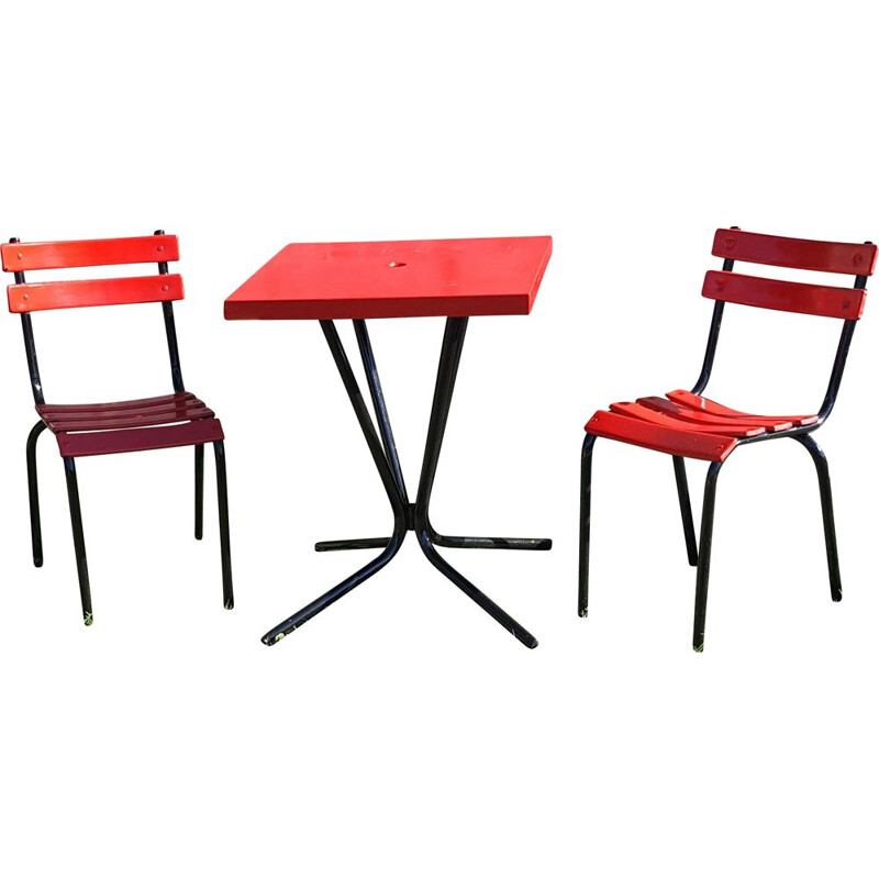 Paire de chaises et une table de jardin bistrot vintage rouge et noir