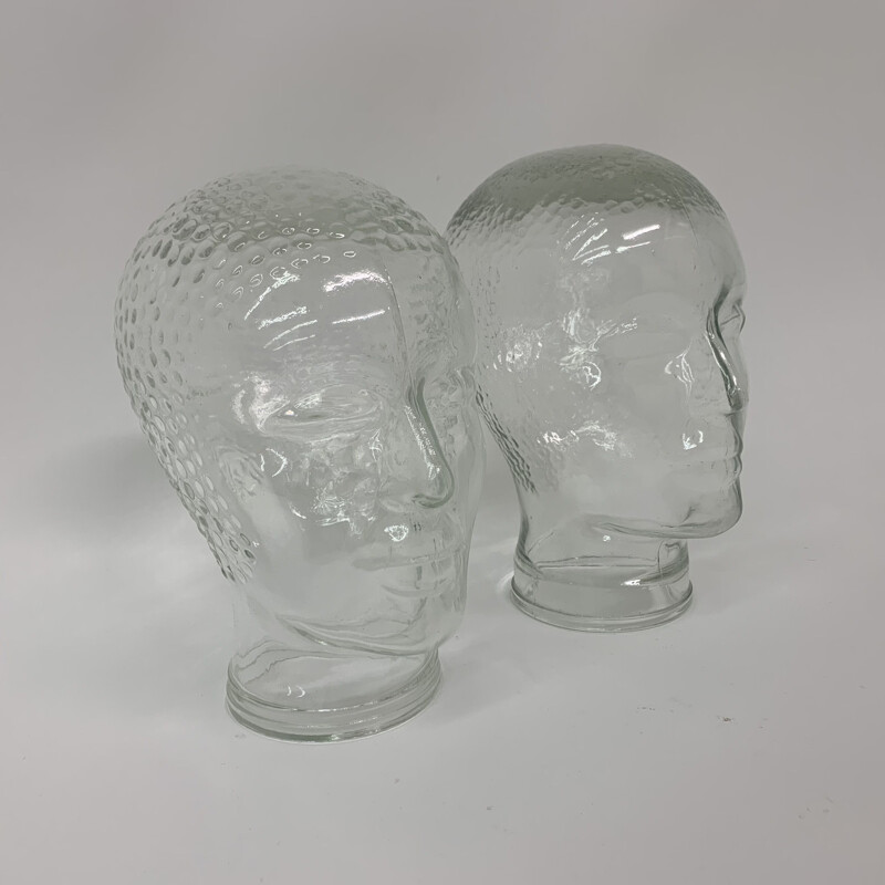 Inademen grijnzend stuk Paar vintage glazen "hoofden" sculpturen