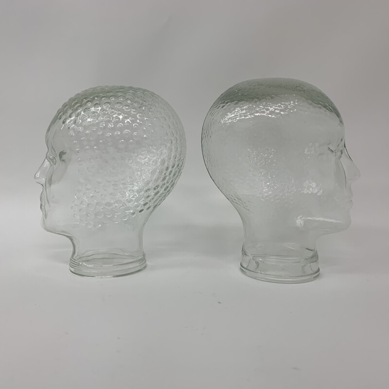 Inademen grijnzend stuk Paar vintage glazen "hoofden" sculpturen
