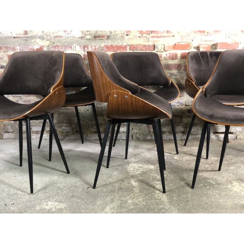 Set of 6 Scandinavian vintage chairs in curved plywood