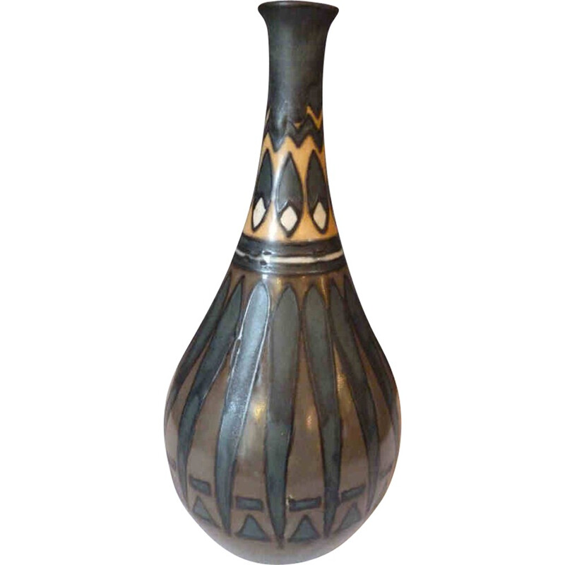 Vase Odetta en céramique vert et jaune - 1940