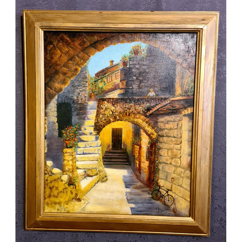 Vintage Provence painting "an alley with stone houses"