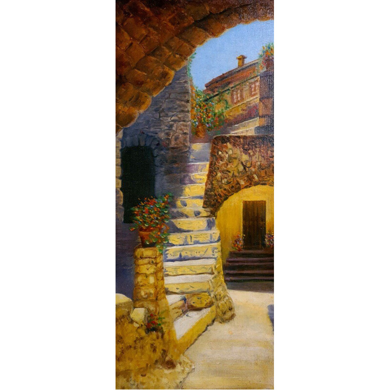 Vintage Provence painting "an alley with stone houses"