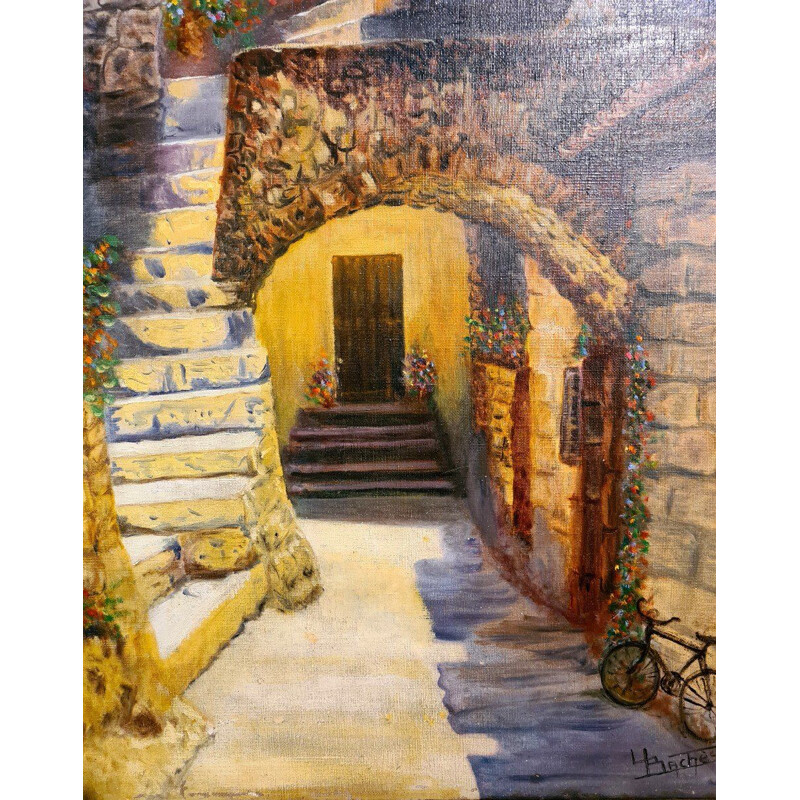 Tableau Provence vintage "une ruelle au maisons de pierres"