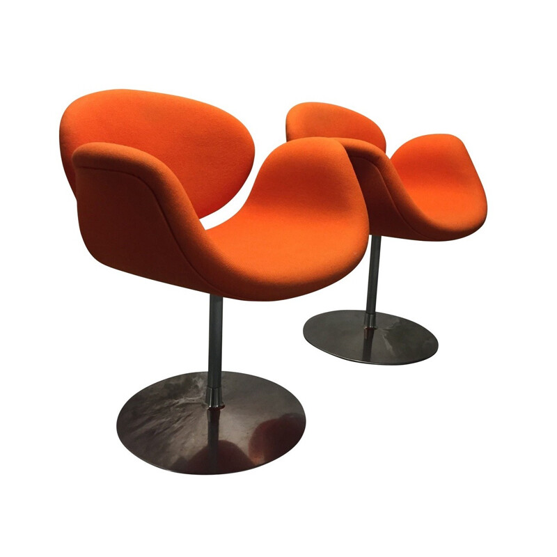 Pair of Artifort little "tulip" chairs in orange fabric, Pierre PAULIN - 1980s
