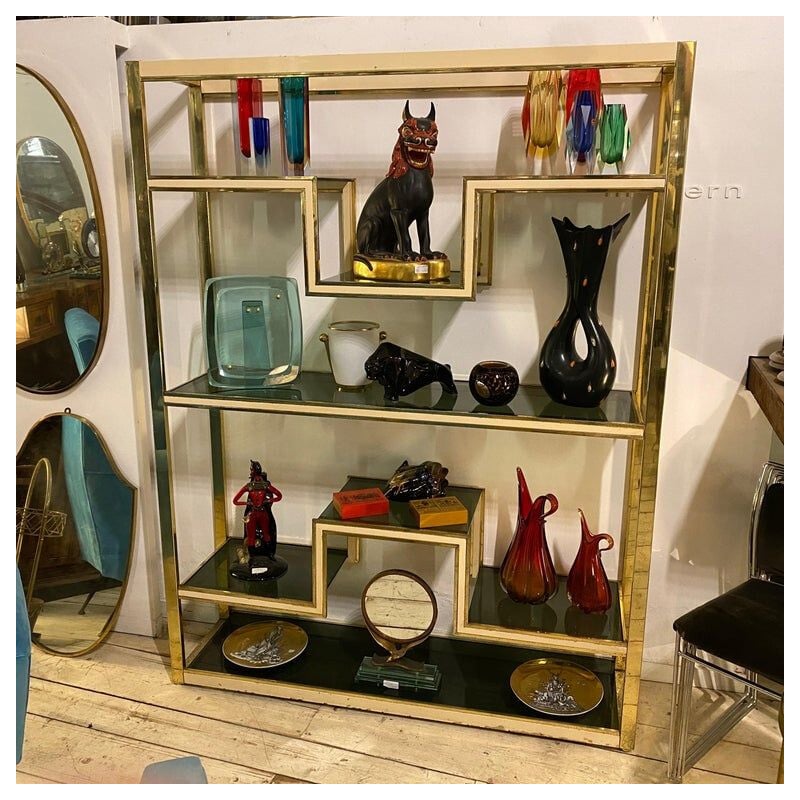 Vintage brass and smoked glass bookcase by Romeo Rega, 1970
