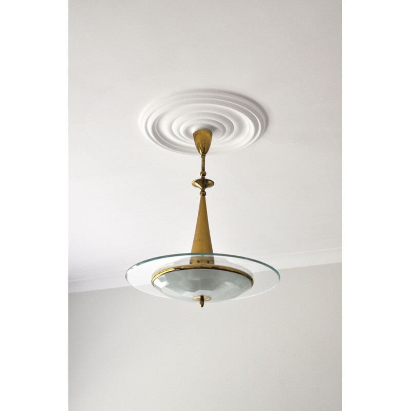 Lampadario italiano d'epoca in ottone e cristallo di Fontana Arte, 1950