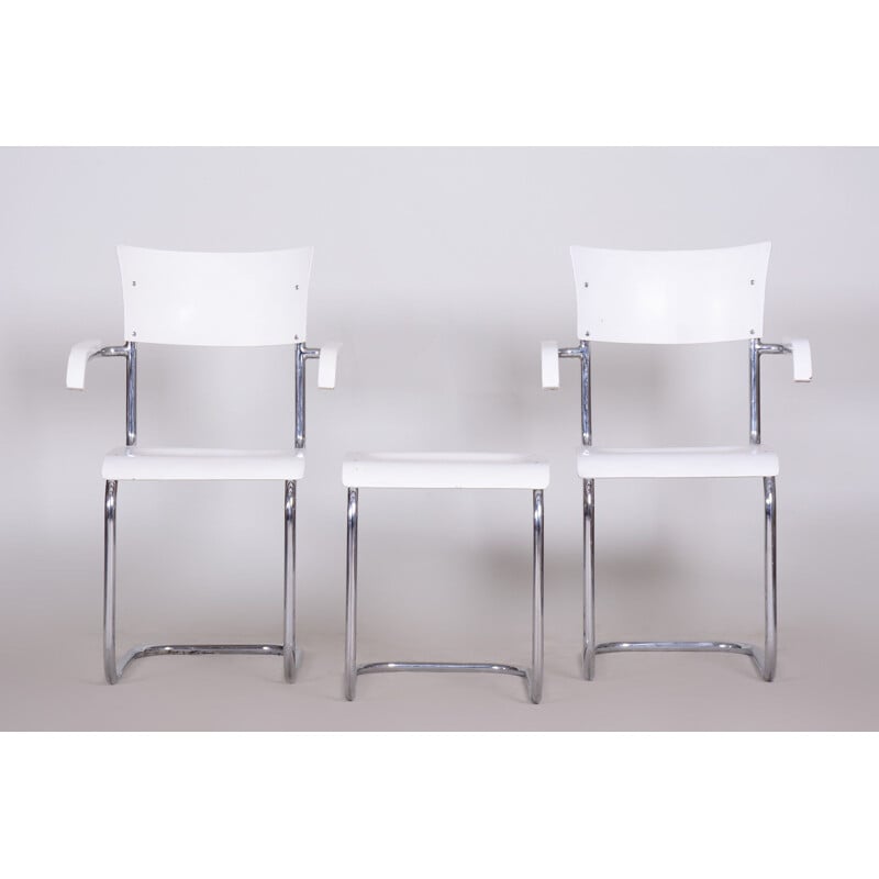 Paar vintage witte stoelen en krukje van Mart Stam voor Mucke Melder, 1930