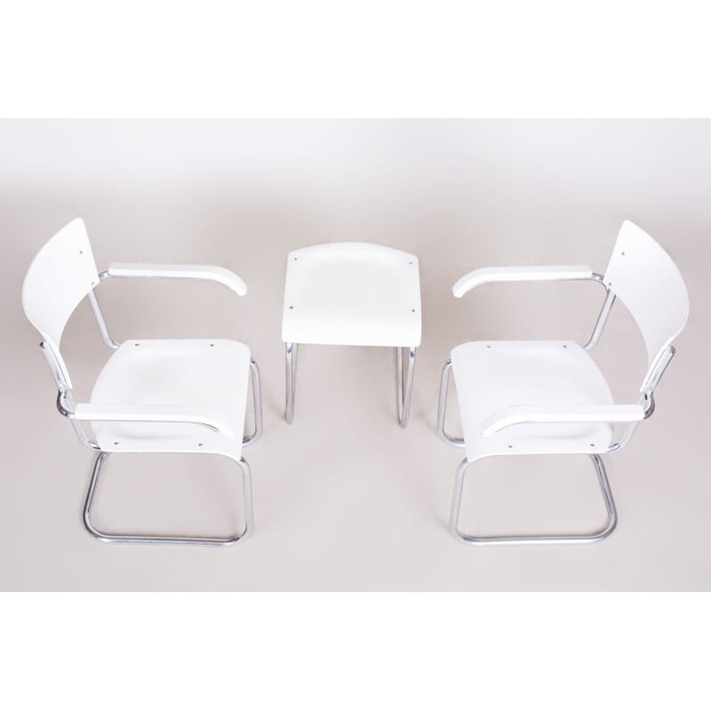 Paar vintage witte stoelen en krukje van Mart Stam voor Mucke Melder, 1930
