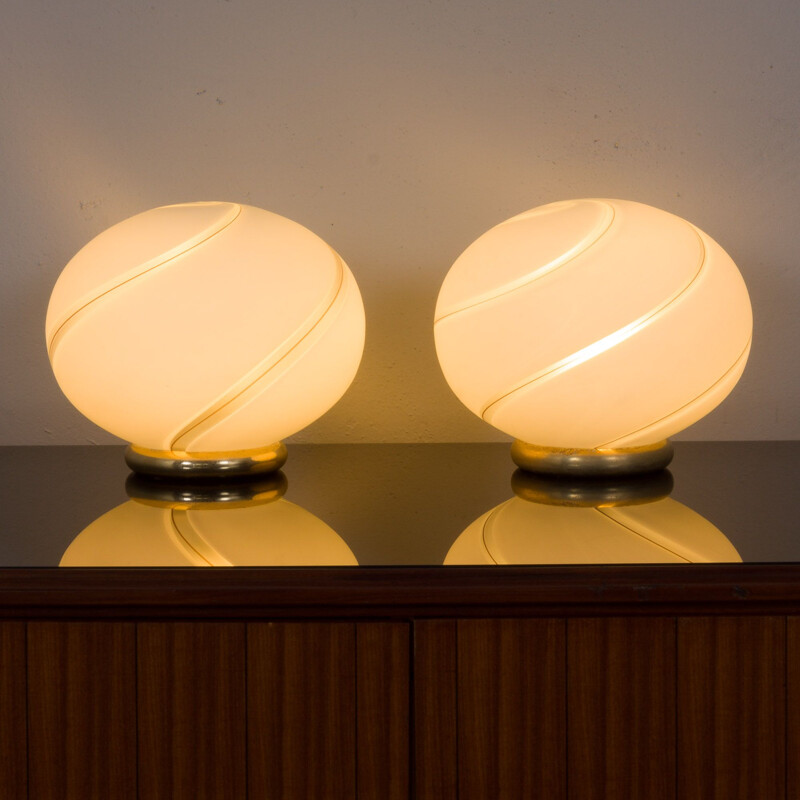 Paar vintage murano glazen tafellampen van Venini, Italië 1970