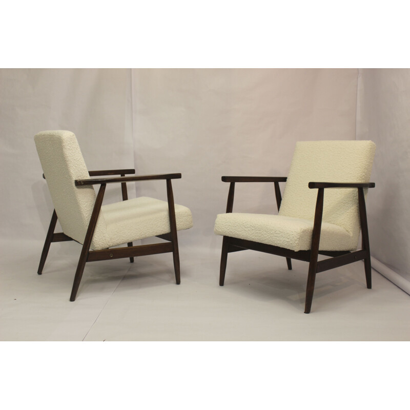 Pair of vintage armchairs in white bouclette fabric by Henryk Lis, 1970