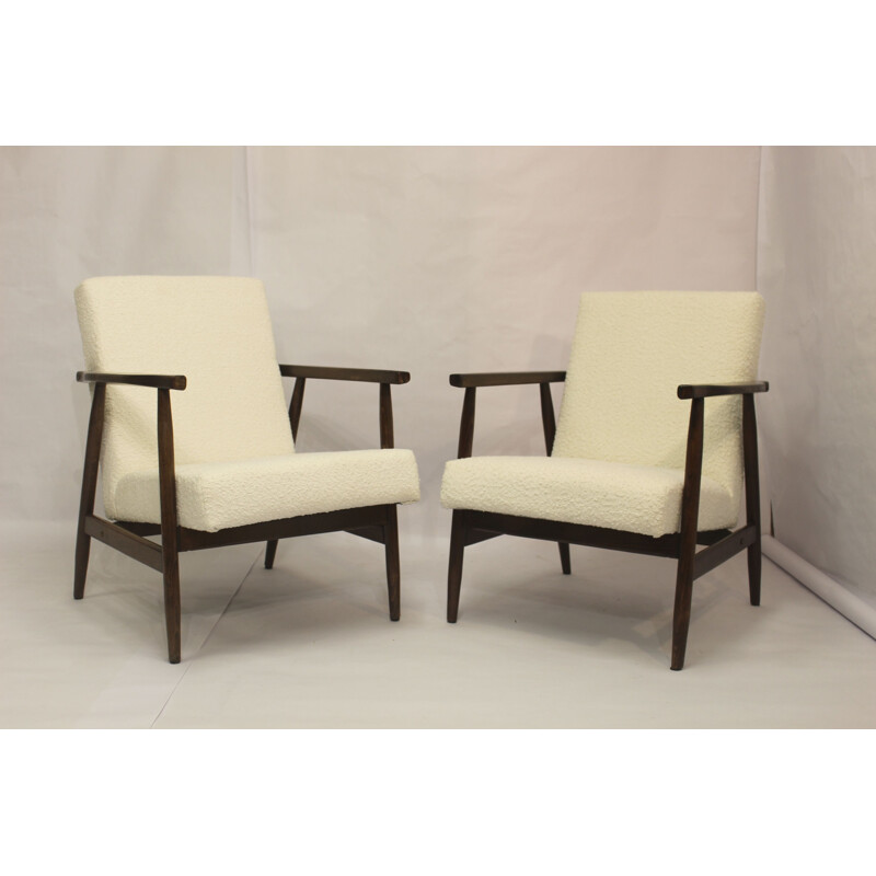 Pair of vintage armchairs in white bouclette fabric by Henryk Lis, 1970