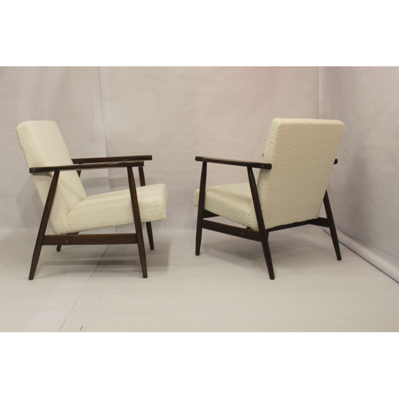 Pair of vintage armchairs in white bouclette fabric by Henryk Lis, 1970