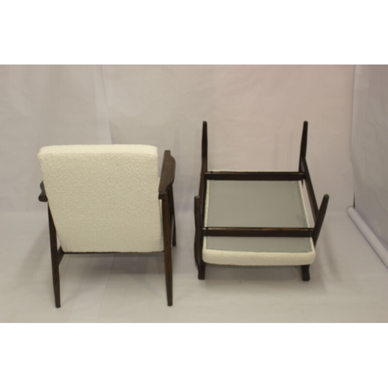 Pair of vintage armchairs in white bouclette fabric by Henryk Lis, 1970