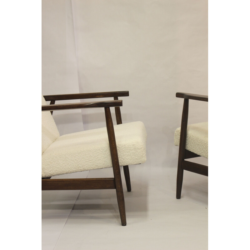 Pair of vintage armchairs in white bouclette fabric by Henryk Lis, 1970