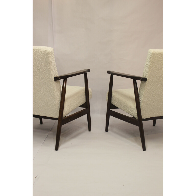 Pair of vintage armchairs in white bouclette fabric by Henryk Lis, 1970