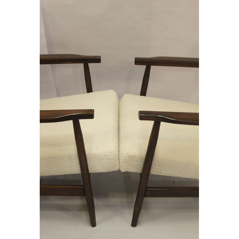 Pair of vintage armchairs in white bouclette fabric by Henryk Lis, 1970