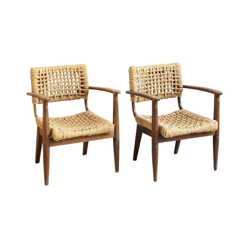 Pair of vintage beechwood and raffia woven armchairs by Audoux Minet for Vibo, 1950