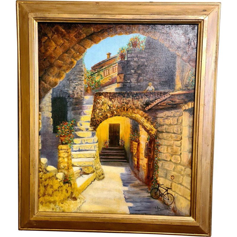 Vintage Provence painting "an alley with stone houses"