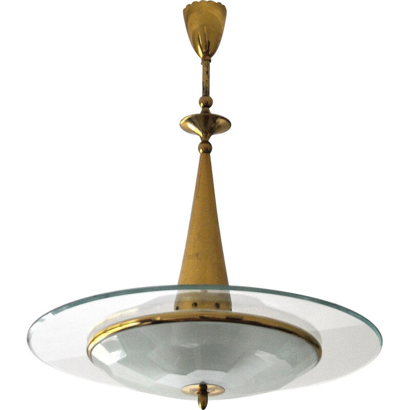 Lampadario italiano d'epoca in ottone e cristallo di Fontana Arte, 1950