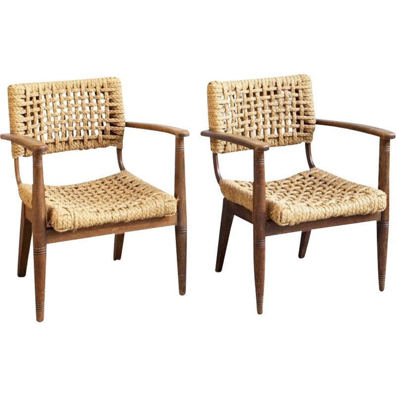 Pair of vintage beechwood and raffia woven armchairs by Audoux Minet for Vibo, 1950