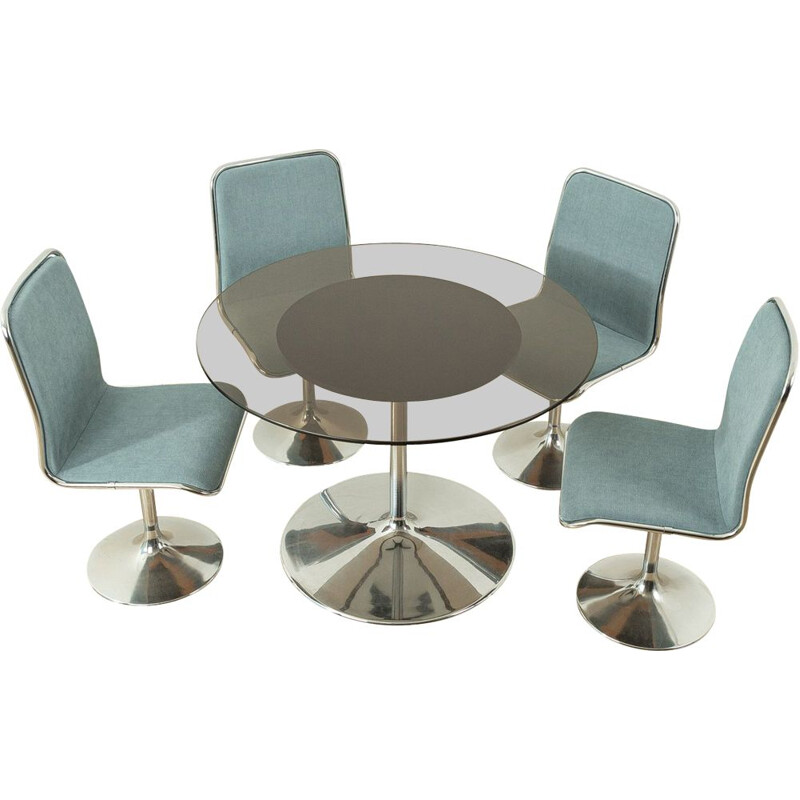 Vintage glass and blue fabric dining set, Germany 1970
