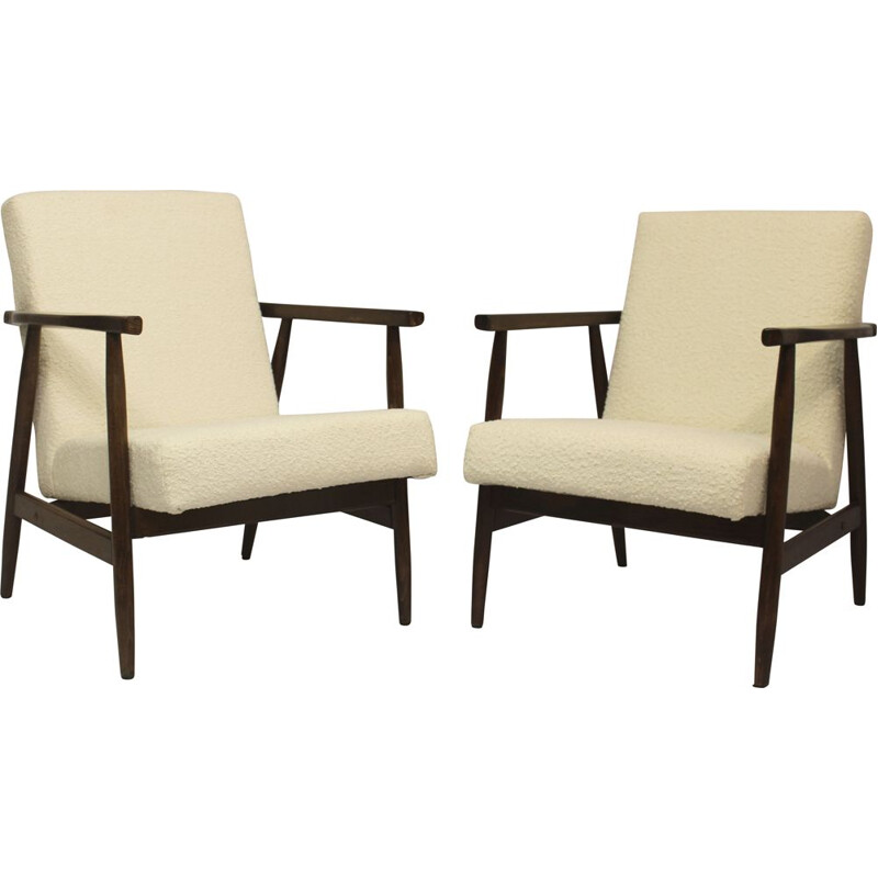 Pair of vintage armchairs in white bouclette fabric by Henryk Lis, 1970