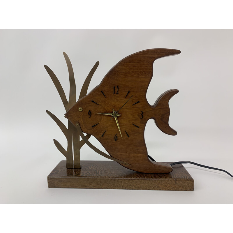 Reloj vintage Nufa de teca y pez con detalles de latón, 1960