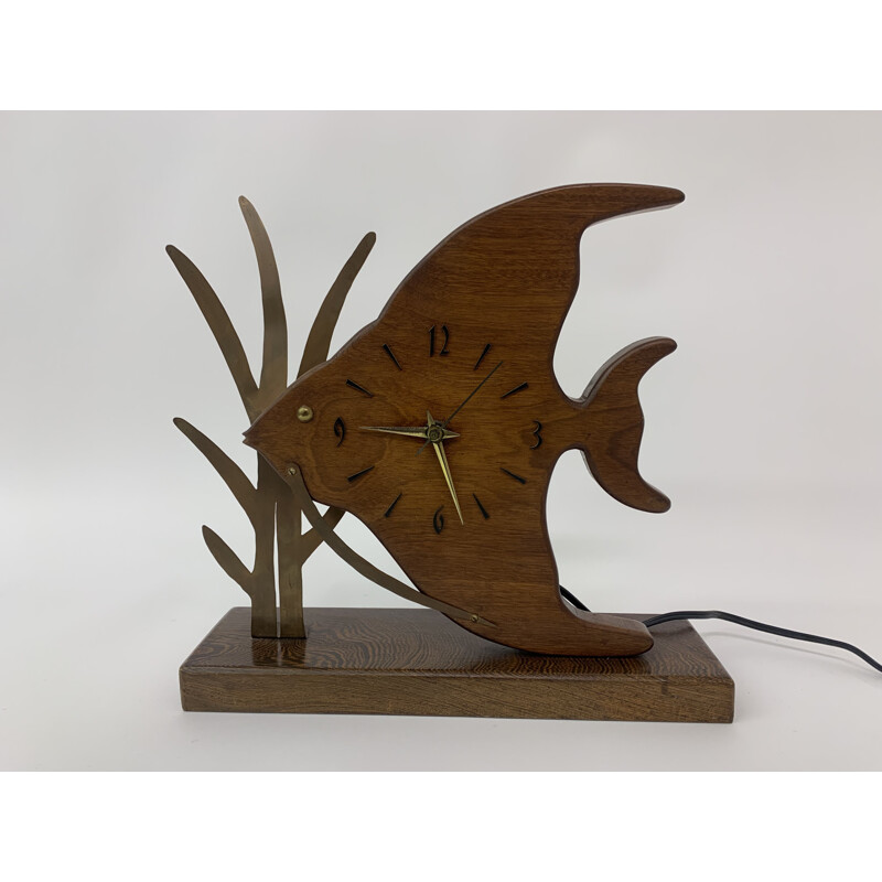 Vintage Nufa Uhr aus Teakholz und in Fischform mit Messingdetails, 1960