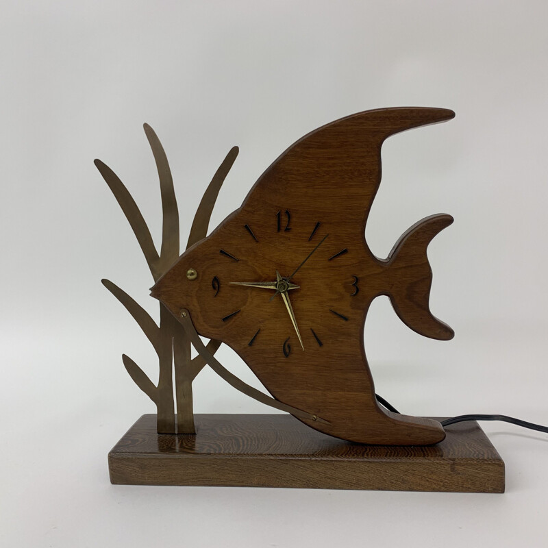 Horloge vintage Nufa en teck et en forme de poisson avec détails en laiton, 1960