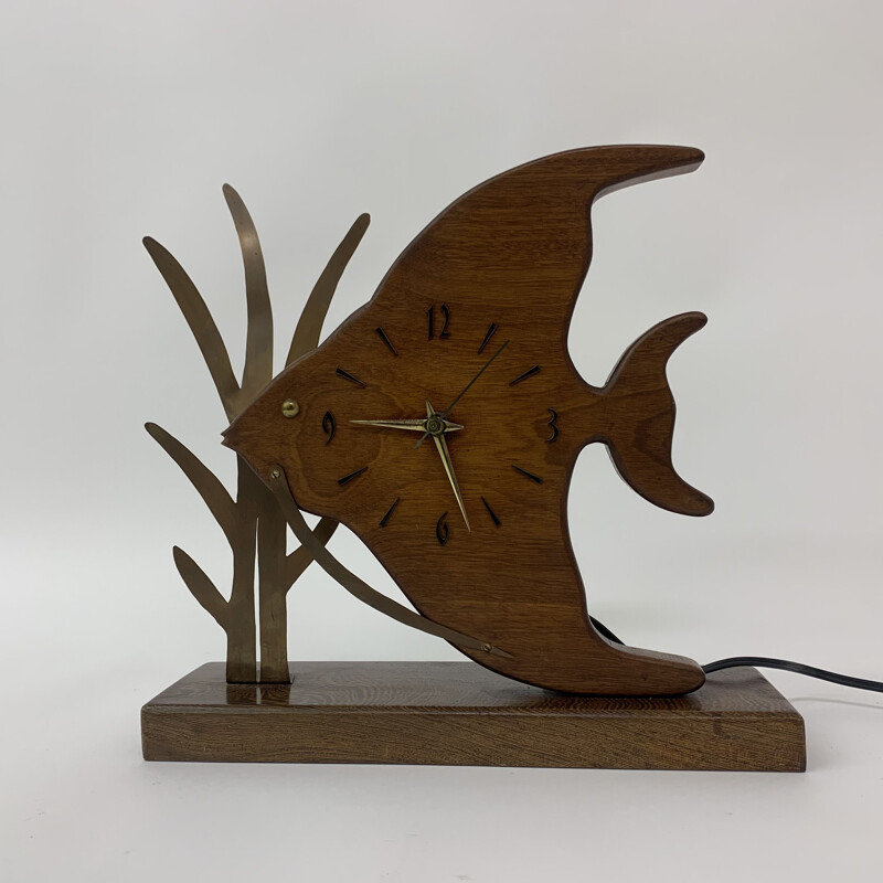 Horloge vintage Nufa en teck et en forme de poisson avec détails en laiton, 1960