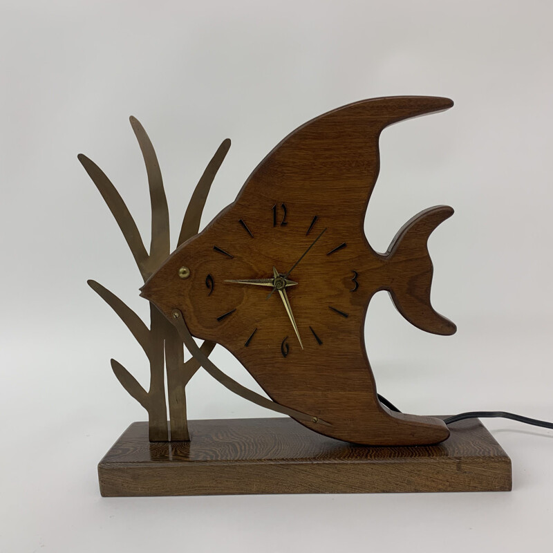 Reloj vintage Nufa de teca y pez con detalles de latón, 1960