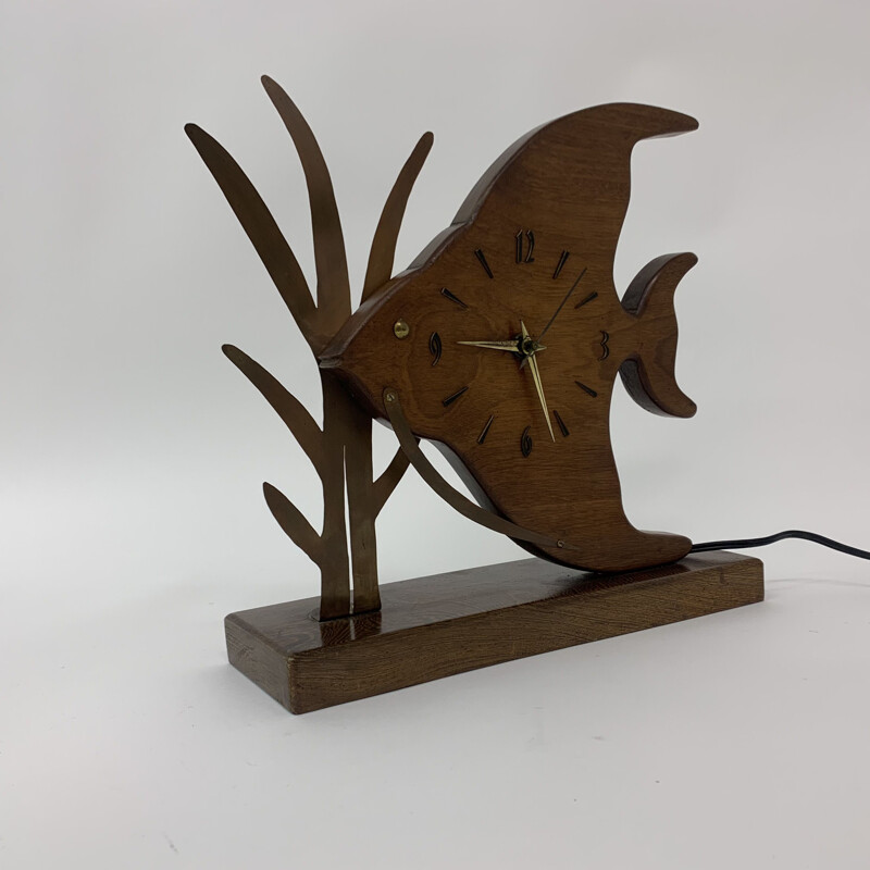 Vintage Nufa teak and fish clock with brass details, 1960