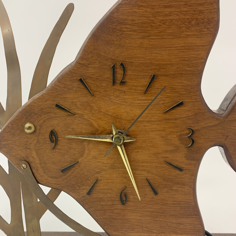 Horloge vintage Nufa en teck en forme de poisson avec détails en laiton, 1960