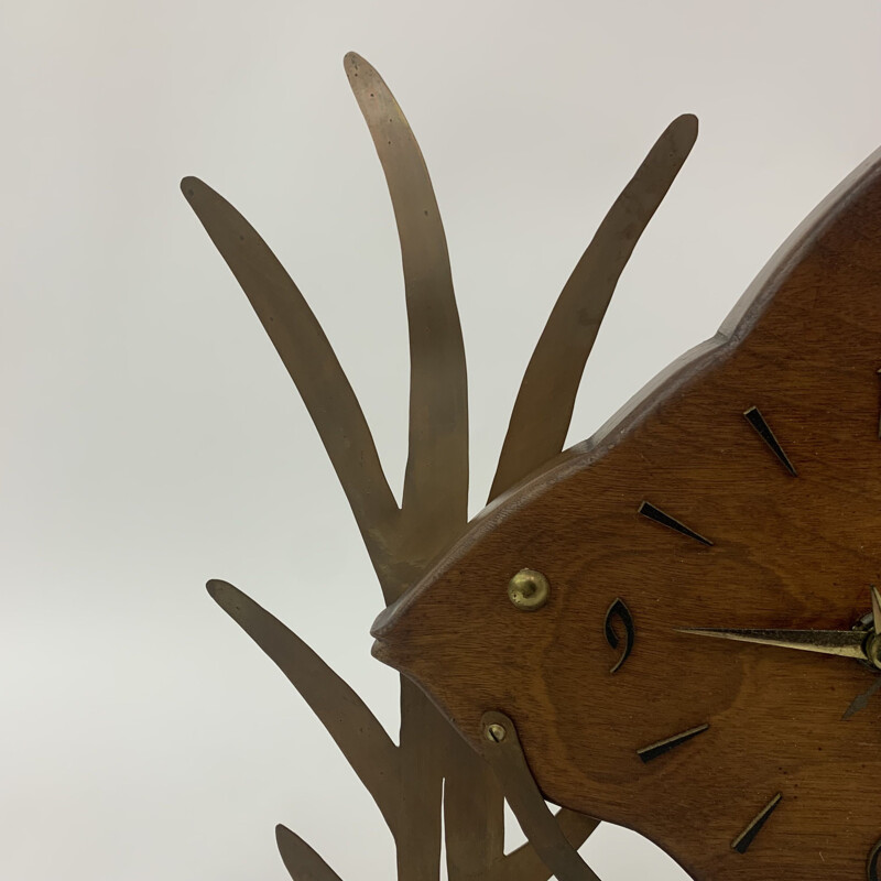 Vintage Nufa teak and fish clock with brass details, 1960