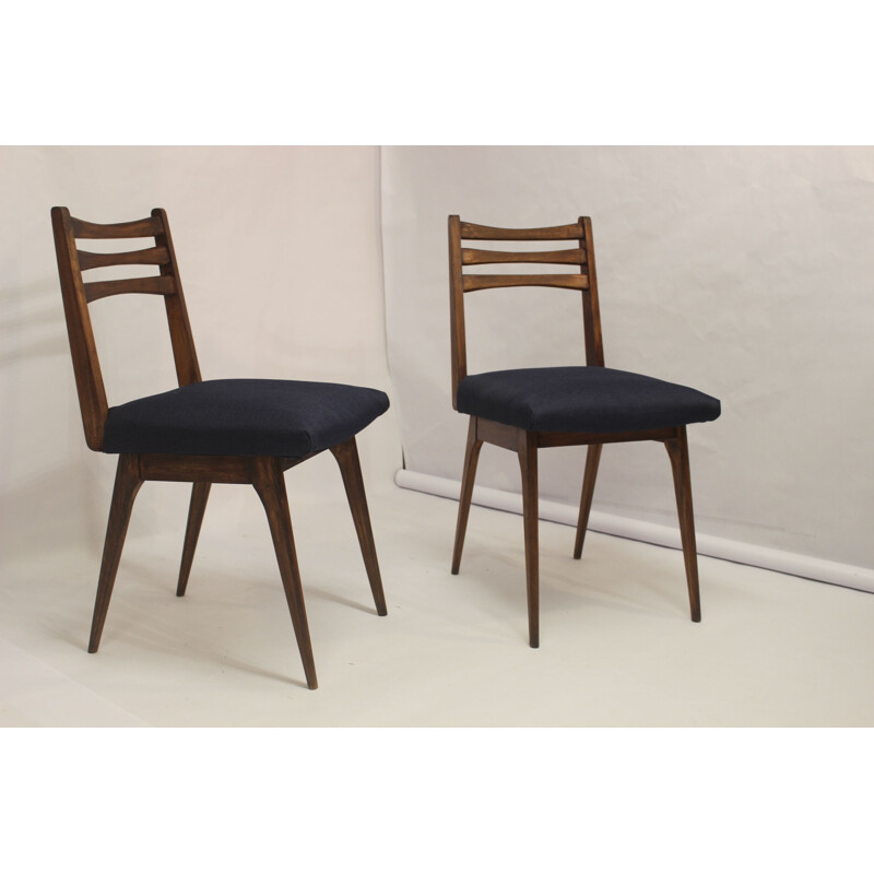 Pair of Scandinavian vintage chairs in midnight blue fabric and wood, 1960